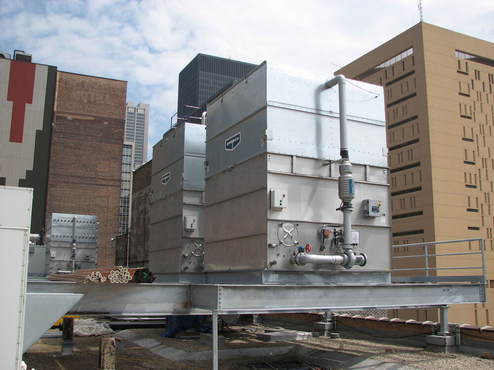 Rooftop equipment installation on a downtown Chicago high-rise